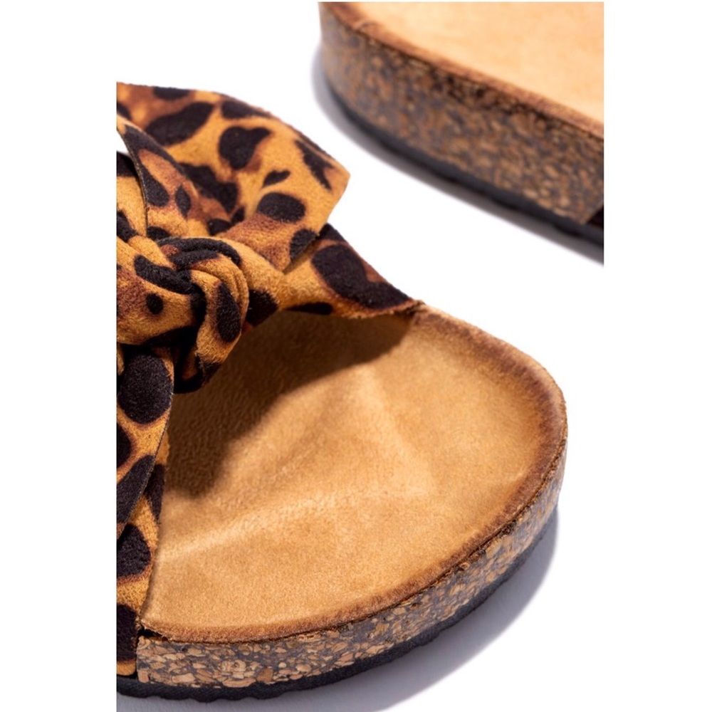 Leopard Print Bow Knot Cork Slides Sandals - Picture 3 of 8